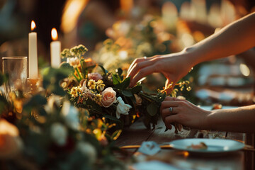 wedding coordinator's hands as they work on a beautiful table centerpiece, showcasing creativity and design expertise in a minimalistic photo