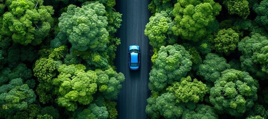 Aerial view of car on rural road in rainforest with green tree canopy, scenic forest landscape