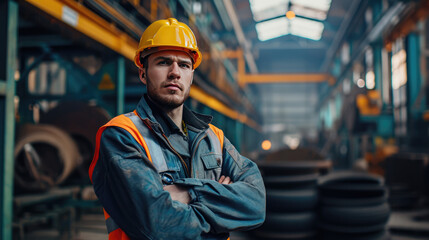 Portrait of Industry maintenance engineer man wearing uniform and safety hard hat on factory station. Industry, Engineer, construction concept