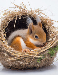 Cute small squirrel sleep in the nest isolated in a white. Generative AI.