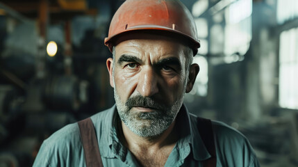 Portrait of Industry maintenance engineer man wearing uniform and safety hard hat on factory station. Industry, Engineer, construction concept