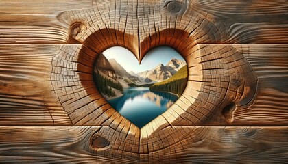 Heart-Shaped Cut-Out in a Wooden Plank. A Mountain lake can be seen through it. Travel or Hiking Concept