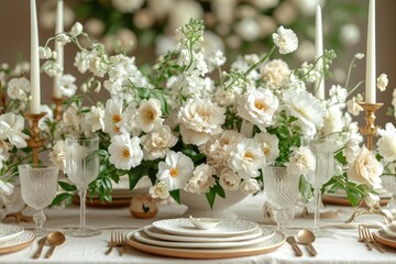 Obraz na płótnie Canvas A stunning garden-inspired centrepiece, overflowing with delicate white roses and artfully arranged in a sleek vase, graces the table as guests gather for an elegant indoor wedding reception