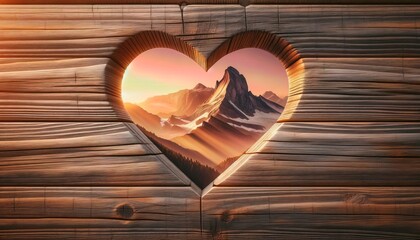 Heart-Shaped Cut-Out in a Wooden panel. A Mountain top, at sunset, is at its center. Travel Concept for Switzerland or Austria