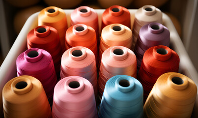 Fototapeta premium Sewing threads multicolored background closeup. Stand with thread spools and sewing machine on table in atelier 