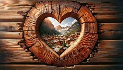 Heart-shaped cut-out in a wooden plank, through which a mountain resort can be seen. Travel concept for Austria or Switzerland
