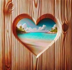 Heart-shaped cut-out in a wooden panel. Turqoise water tropical landscape can be seen through it. Travel concept