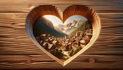 Heart-shaped cut-out in a wooden plank, through which a mountain resort can be seen. Travel concept for Austria or Switzerland