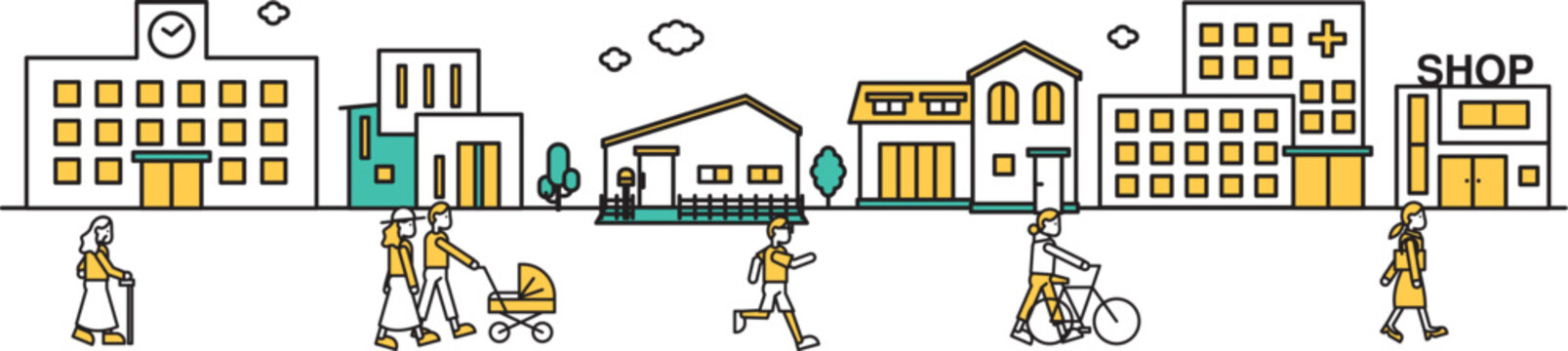 病院や大学が近くにある街並みのシンプルな線画のイラストC（人物）