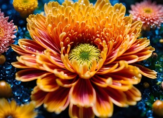 Orange japanese chrysanthemum flower macro. Made by AI