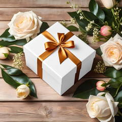 gift box mockup blank wrapping paper mockup with golden ribbon mock up with flowers decorative festive background, Christmas gift box mockup on wooden floral background, transparent gift box mockup