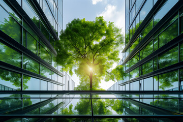 Eco-friendly building in modern city. Green tree branches with leaves & sustainable glass building for reducing heat and carbon dioxide. Office with green environment. Go green concept. Generative Ai