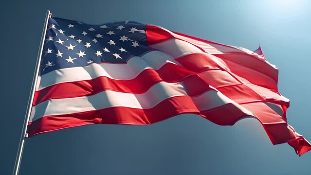 seamless American Flag Slow Waving with visible wrinkles.Close up of UNITED STATES flag.usa,A fully digital rendering,The animation in blue sky Flag of America