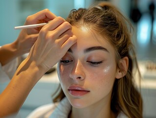 Fototapeta premium Transforming into a vision of beauty, a woman sits patiently as her makeup artist delicately enhances her skin, eyes, and hair in the warm, inviting atmosphere of a beauty salon