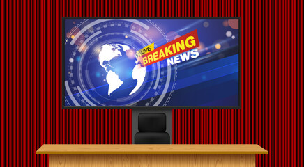 wooden table and led tv in the news studio room with red curtain background