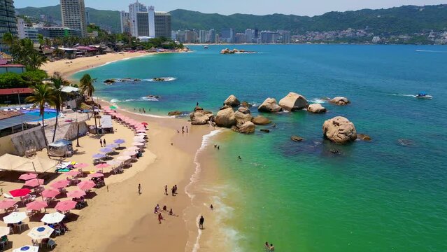 Drone Flight: Advancing Over Condesa Beach Towards Rocky Formations, Acapulco