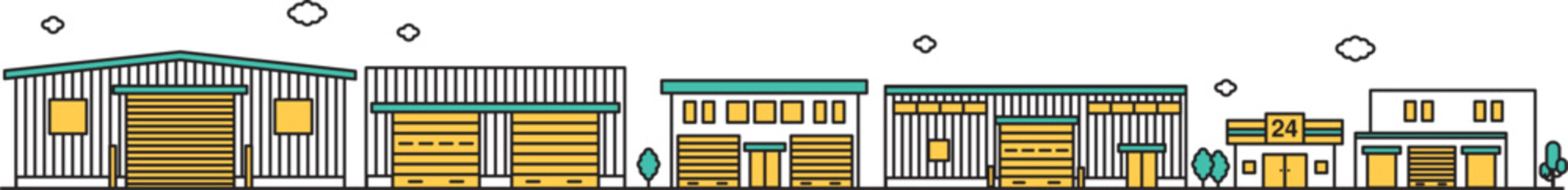 店舗や小規模な工場が近くにある街並みのシンプルな線画のイラストD