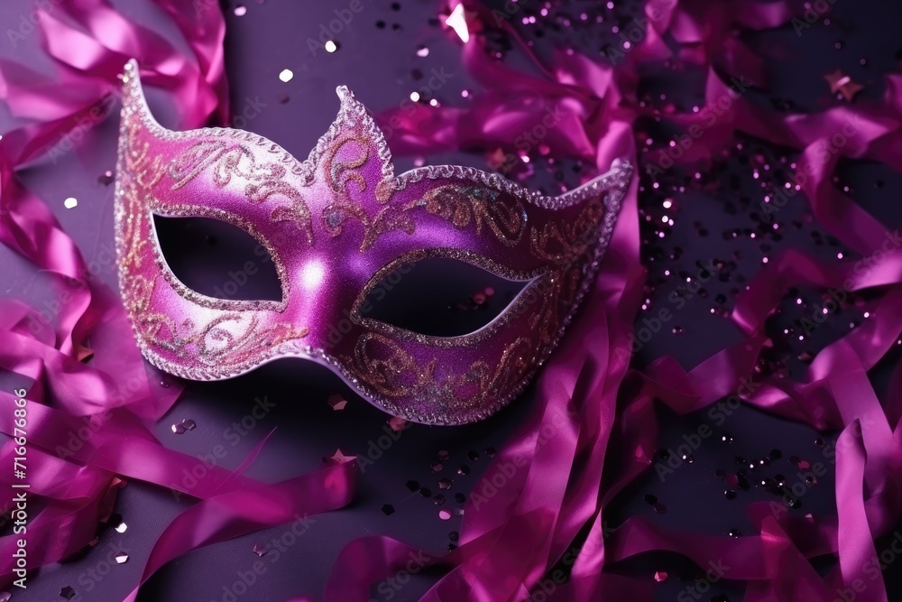Poster carnival mask with sparkles. concept festive background with copy space