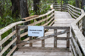 Locked simple gate along a winding wooden boardwalk through a forest, Audubon Corkscrew Swamp Sanctuary, Florida