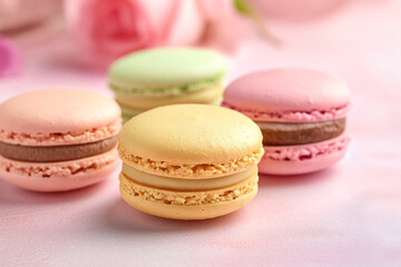 Fototapeta na wymiar Delicious, sweet, colorful macarons made from traditional French ingredients AI Generation