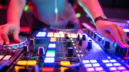 Detalhe das mãos de um dj manuseando os botões de um controlador, em uma festa com muitas luzes...
