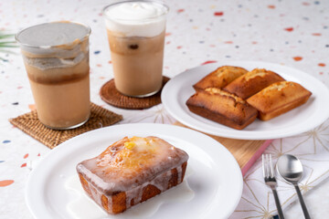Cream coffee, coffee, black sesame latte, fig, financier, lemon pound, cake, bread