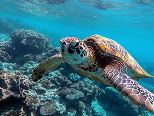 Naklejka na ściany i meble Sea turtle on reef.