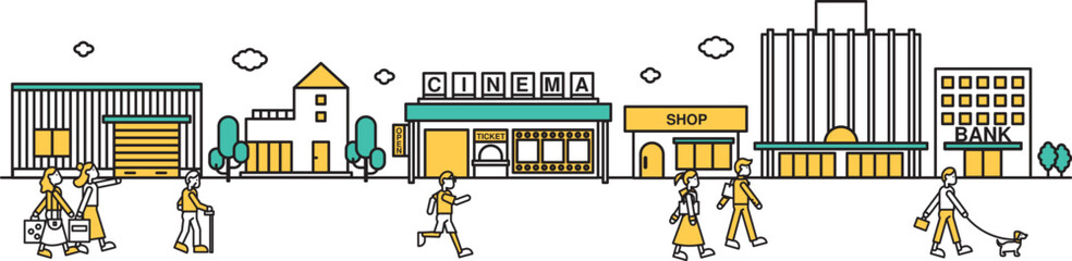 映画館や百貨店が近くにある商業地域な街並みのシンプルな線画のイラストA（人物）