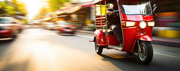Red taxi in thailand. Tuk tuk wehicle for passangers. - obrazy, fototapety, plakaty