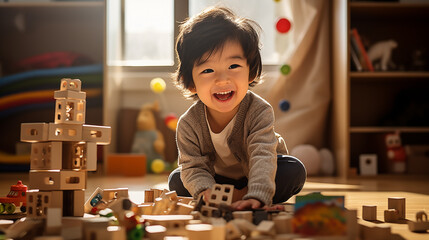 Happy young Asian child smiling and playing with toys in his room.