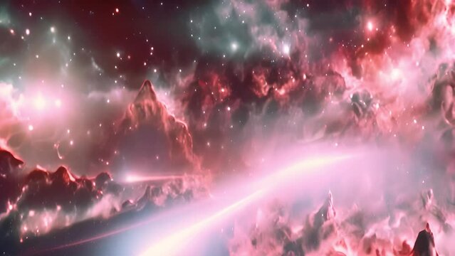 Cosmic Traveling through star fields in space. Deep Space Nebula Loop background with glowing star and plasma. 4K 3D seamless looping camera flying through clouds and star field in outer space like he