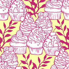 Tasty sweet cupcake dessert decorative seamless vector pattern for textile design, fabric print, digital or wrapping, wall paper, background and backdrop, bakery shop decoration, cafe, restaurant menu
