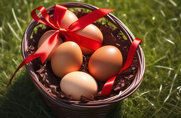 Basket of colored eggs with red bow on the grass, Easter symbol.