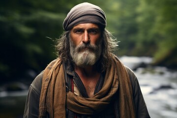 Portrait of a content man in his 50s wearing a versatile buff against a tranquil forest stream. AI Generation