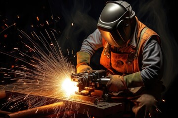 Fototapeta premium Sparks fly from welding .The welder cooks the welding, the Welder welds the steel. Equipment for working at height.A worker at a construction site.