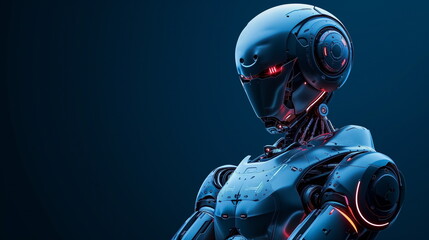 Fototapeta premium Robot arm crossed, Humanoid robot standing on blue futuristic background. Generated AI.
