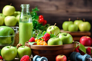 Empower your healthy lifestyle. Vibrant image of a diet featuring a fresh fruit salad and dumbbells on wooden background. Wellness and fitness concept.