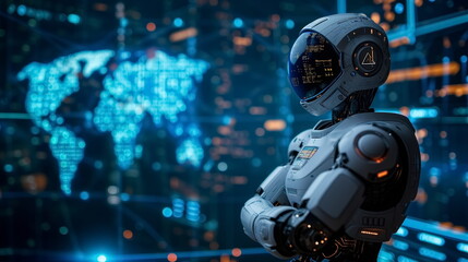 Fototapeta premium Robot arm crossed, Humanoid robot standing on blue world map icon background. Generated AI.