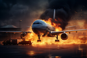 In aftermath of passenger plane crash, an aircraft burns at airport after an explosion AI Generation