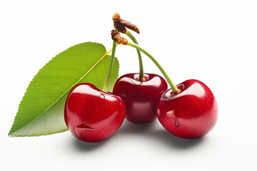 Cherry fruit with leaf on a white background