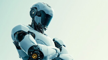 Robot arm crossed, Humanoid robot standing on white  background. Generated AI.