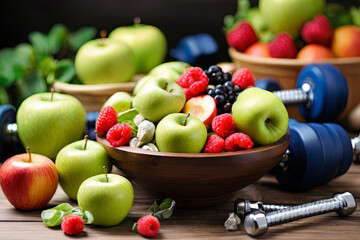 Empower your healthy lifestyle. Vibrant image of a diet featuring a fresh fruit salad and dumbbells on wooden background. Wellness and fitness concept.