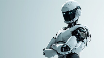Robot arm crossed, Humanoid robot standing on white  background. Generated AI.