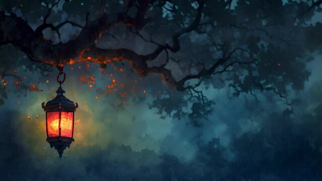 Mystic night background with tree branches and lantern hanging on tree. Colorful background design with moody sky. Mystery night sky Copy space