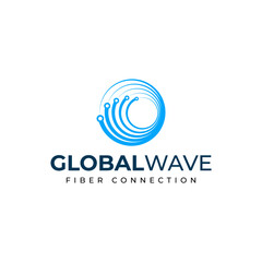 Modern Simple Global Wave Fiber Connection Logo Design for Communication Company