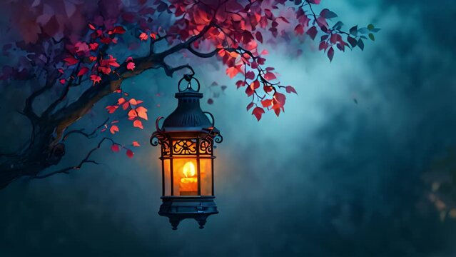 Mystic night background with tree branches and lantern hanging on tree. Colorful background design with moody sky. Mystery night sky Copy space