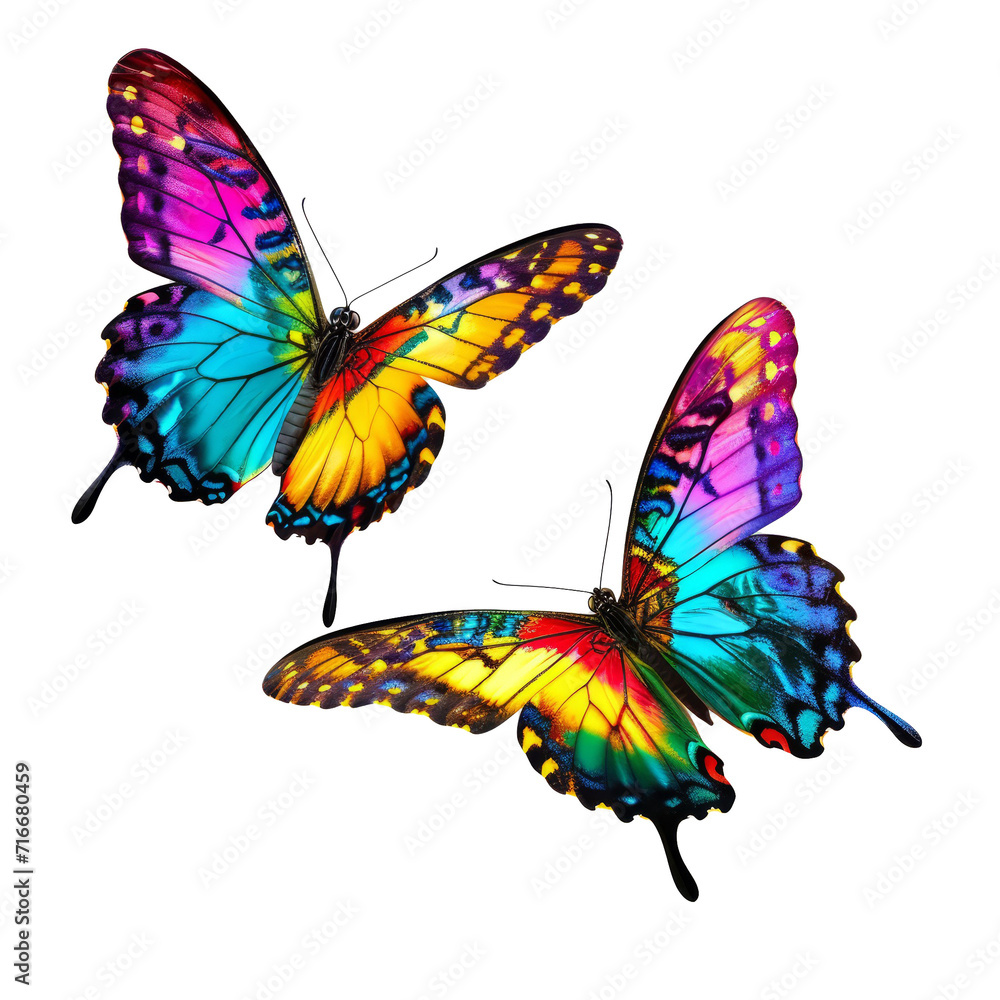 Aufkleber set two beautiful colorful bright multicolored tropical butterflies with wings spread and in flight