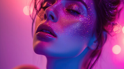 Fototapeta premium High Fashion model lips and face woman in colorful bright neon uv blue and purple lights, posing in studio