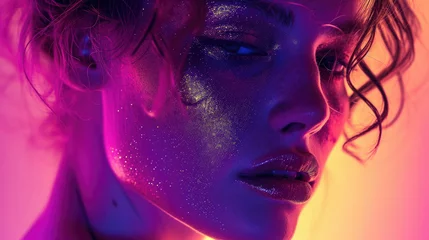 Fotobehang High Fashion model lips and face woman in colorful bright neon uv blue and purple lights, posing in studio © Ruslan Gilmanshin
