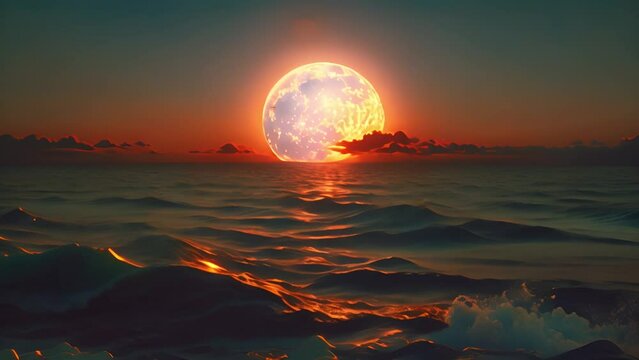 Moonlight Over Ocean Waves Washing Beach Sand, Full Moon Glow. Full moon glow over ocean waves on a sand beach at night. Waves washing up sand beach. Tropical ocean with colorful orange flow beauty